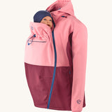 Mamalila soft shell baby wearing allrounder limited edition pro jacket in party purple available at Babipur with a baby doll demonstrating the forward sitting position with the protective hood down