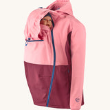 Mamalila soft shell baby wearing allrounder limited edition pro jacket in party purple available at Babipur with a baby doll demonstrating the forward sitting position with the protective hood up