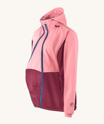 Mamalila soft shell baby wearing allrounder limited edition pro jacket in party purple available at Babipur showing an insert attached to the front of the jacket