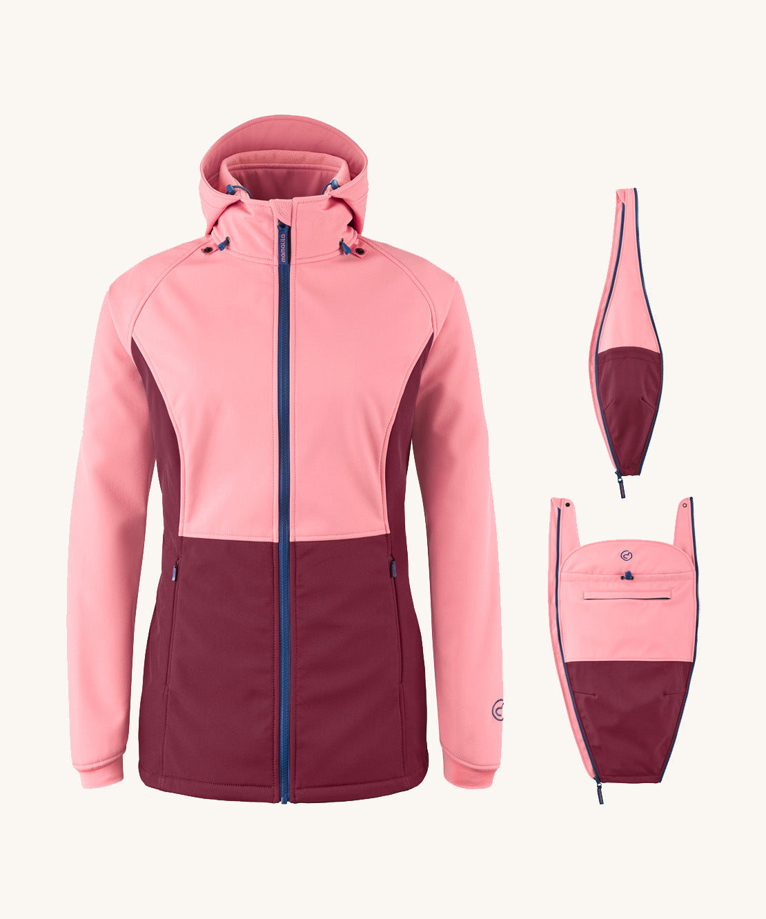 Mamalila soft shell baby wearing allrounder limited edition pro jacket in party purple available at Babipur next to the 2 matching inserts included with the jacket