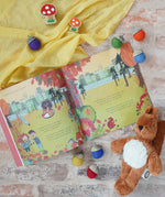 Marney's Mix Up by Jane Rushmore and Sally Darby, a children's autumnal book about squirrels collecting acorns, next to a Senger baby squirrel and Lanka Kade toadstools.