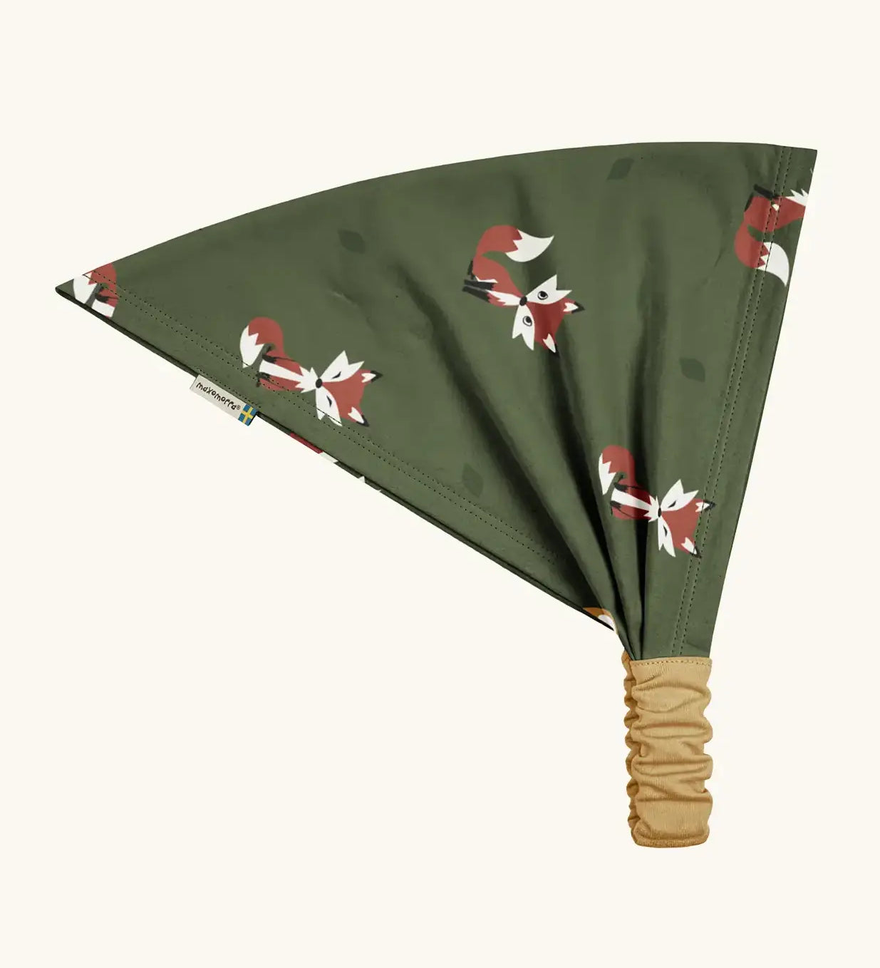 Maxomorra kids GOTS organic cotton bandana in green with a repeating cute fox print. Features a mustard yellow elasticated head band
