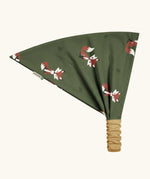 Maxomorra kids GOTS organic cotton bandana in green with a repeating cute fox print. Features a mustard yellow elasticated head band