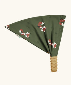Maxomorra kids GOTS organic cotton bandana in green with a repeating cute fox print. Features a mustard yellow elasticated head band