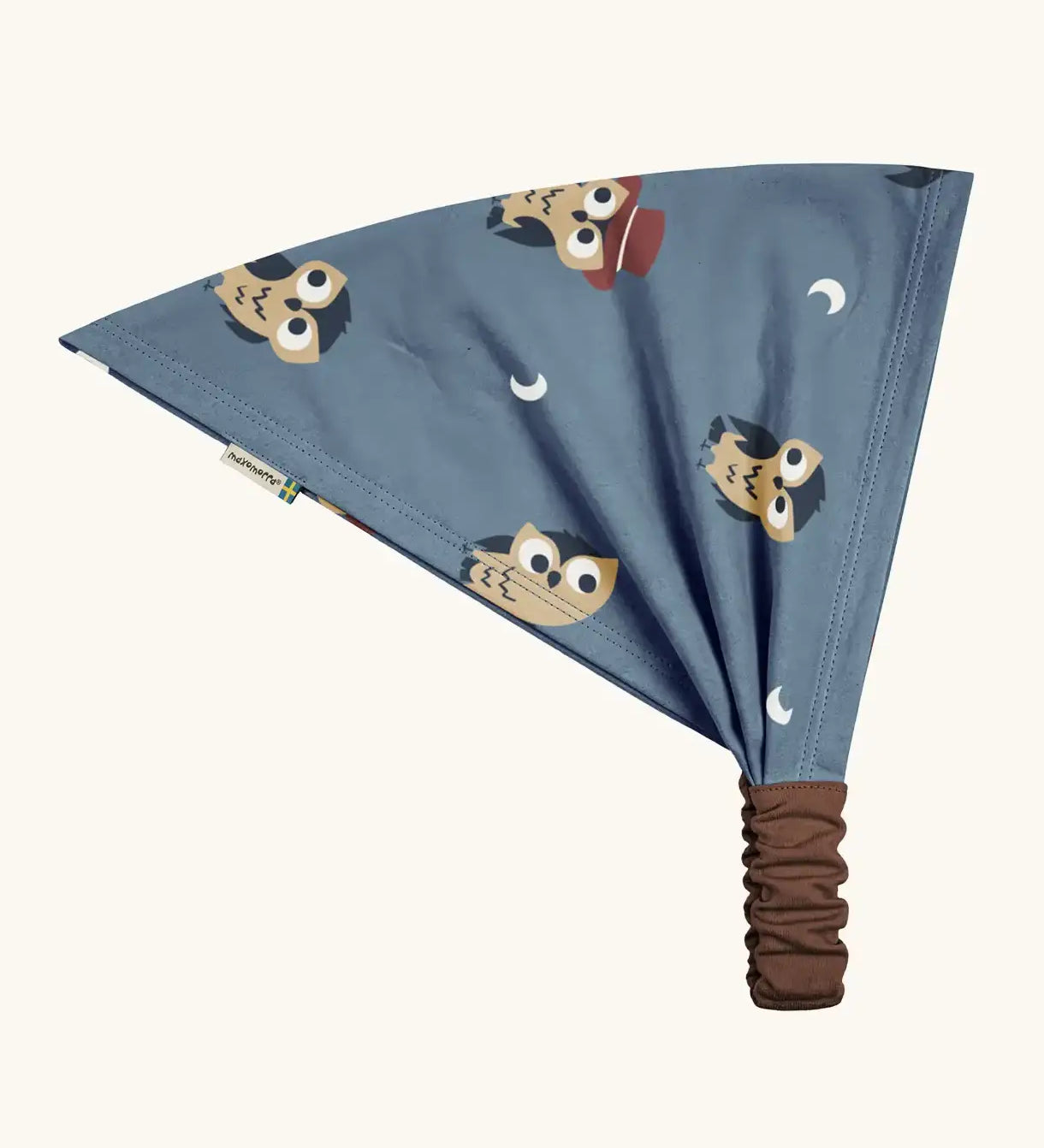 Maxomorra kids GOTS organic cotton bandana in light blue with a repeating cute owl print. Features a brown elasticated head band