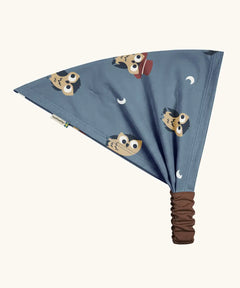 Maxomorra kids GOTS organic cotton bandana in light blue with a repeating cute owl print. Features a brown elasticated head band