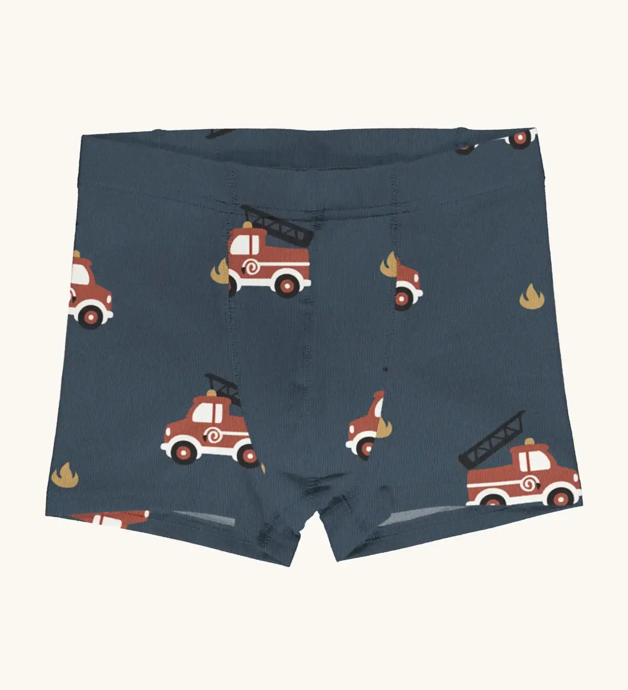 Maxomorra kids GOTS organic cotton boxer shorts in navy with a repeating cartoon style fire truck print. Features an elasticated waist band