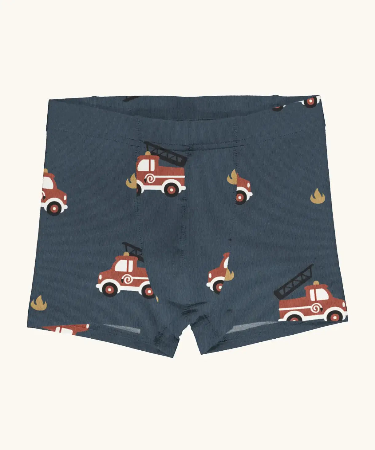 Maxomorra kids GOTS organic cotton boxer shorts in navy with a repeating cartoon style fire truck print. Features an elasticated waist band