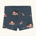 Maxomorra kids GOTS organic cotton boxer shorts in navy with a repeating cartoon style fire truck print. Features an elasticated waist band