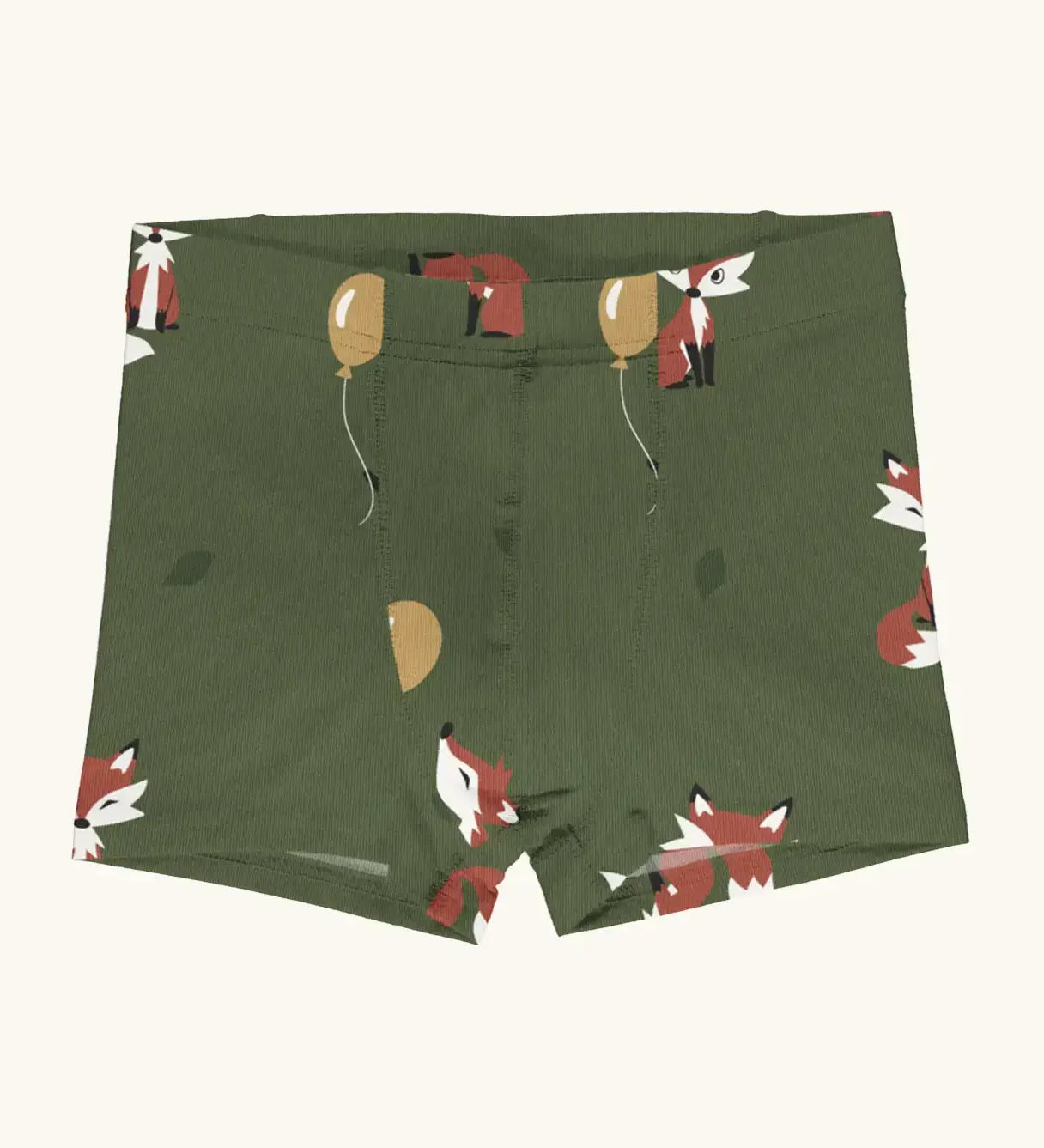 Maxomorra kids GOTS organic cotton boxer shorts in green with a repeating cartoon style fox print. Features an elasticated waist band