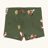 Maxomorra kids GOTS organic cotton boxer shorts in green with a repeating cartoon style fox print. Features an elasticated waist band