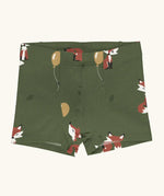 Maxomorra kids GOTS organic cotton boxer shorts in green with a repeating cartoon style fox print. Features an elasticated waist band