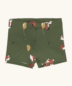 Maxomorra kids GOTS organic cotton boxer shorts in green with a repeating cartoon style fox print. Features an elasticated waist band