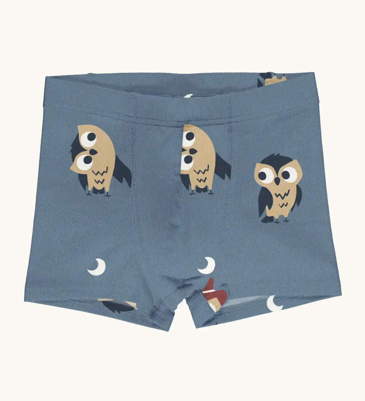 Maxomorra kids GOTS organic cotton boxer shorts in light blue with a repeating cartoon style owl print. Features an elasticated waist band