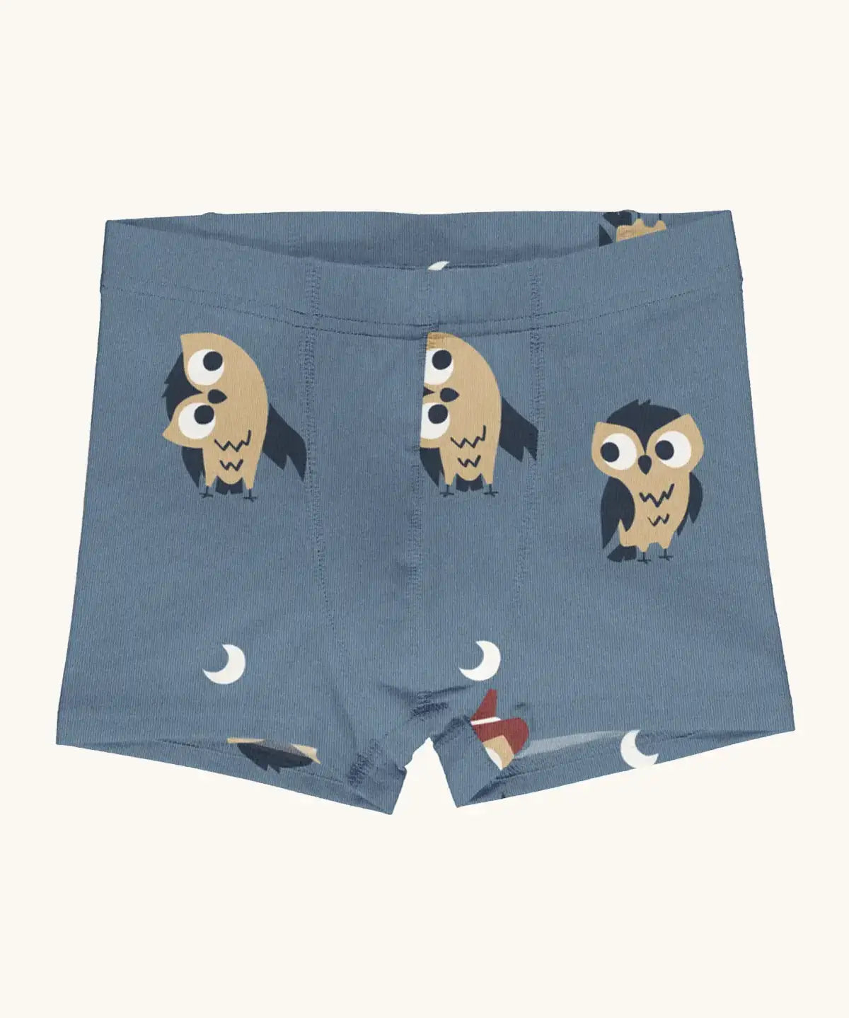Maxomorra kids GOTS organic cotton boxer shorts in light blue with a repeating cartoon style owl print. Features an elasticated waist band