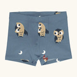 Maxomorra kids GOTS organic cotton boxer shorts in light blue with a repeating cartoon style owl print. Features an elasticated waist band