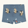 Maxomorra kids GOTS organic cotton boxer shorts in light blue with a repeating cartoon style owl print. Features an elasticated waist band