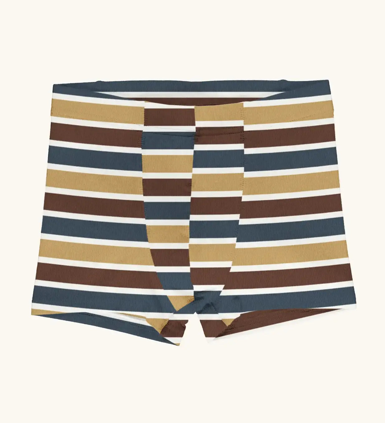 Maxomorra kids GOTS organic cotton boxer shorts in a blue, white, yellow and brown striped design.
