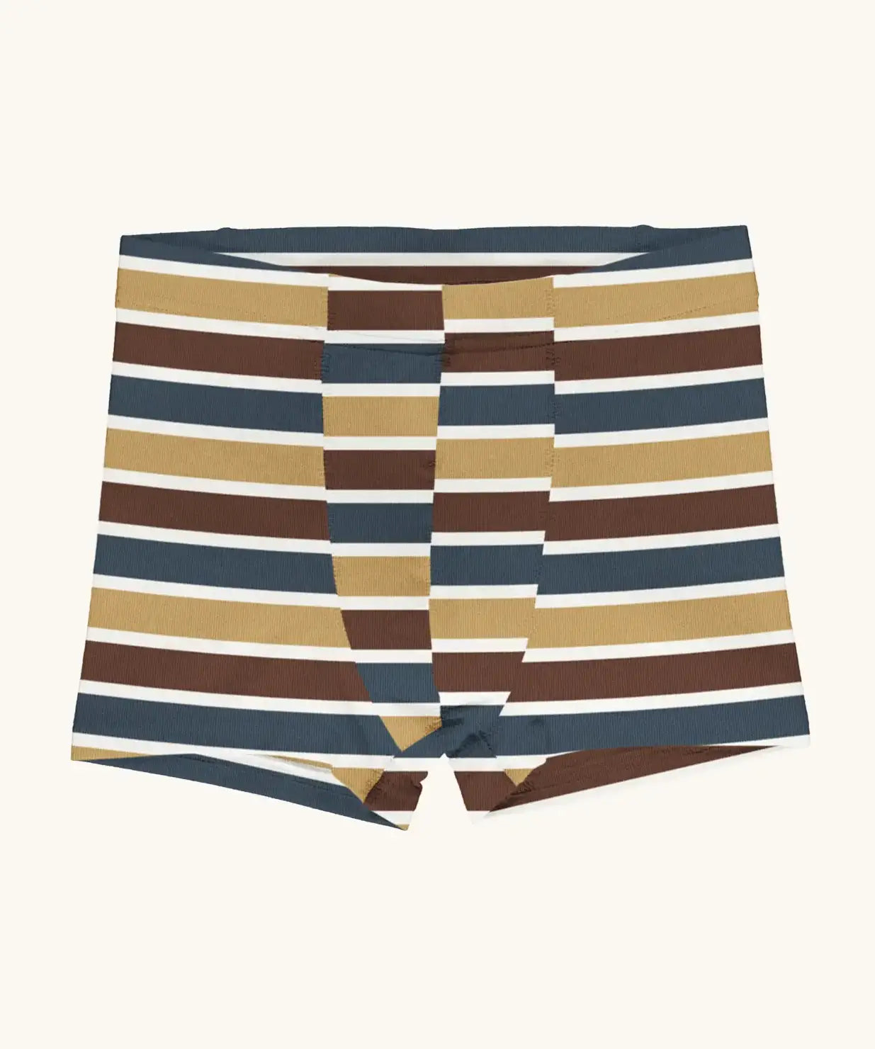 Maxomorra kids GOTS organic cotton boxer shorts in a blue, white, yellow and brown striped design.