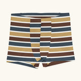 Maxomorra kids GOTS organic cotton boxer shorts in a blue, white, yellow and brown striped design.