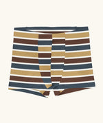 Maxomorra kids GOTS organic cotton boxer shorts in a blue, white, yellow and brown striped design.