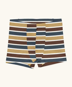 Maxomorra kids GOTS organic cotton boxer shorts in a blue, white, yellow and brown striped design.