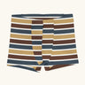 Maxomorra kids GOTS organic cotton boxer shorts in a blue, white, yellow and brown striped design.