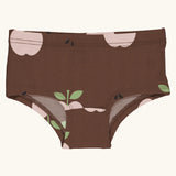 Maxomorra kids GOTS organic cotton brief hipster pants in brown with a repeating pink apple print. Features a elasticated waist band