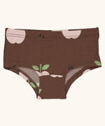 Maxomorra kids GOTS organic cotton brief hipster pants in brown with a repeating pink apple print. Features a elasticated waist band
