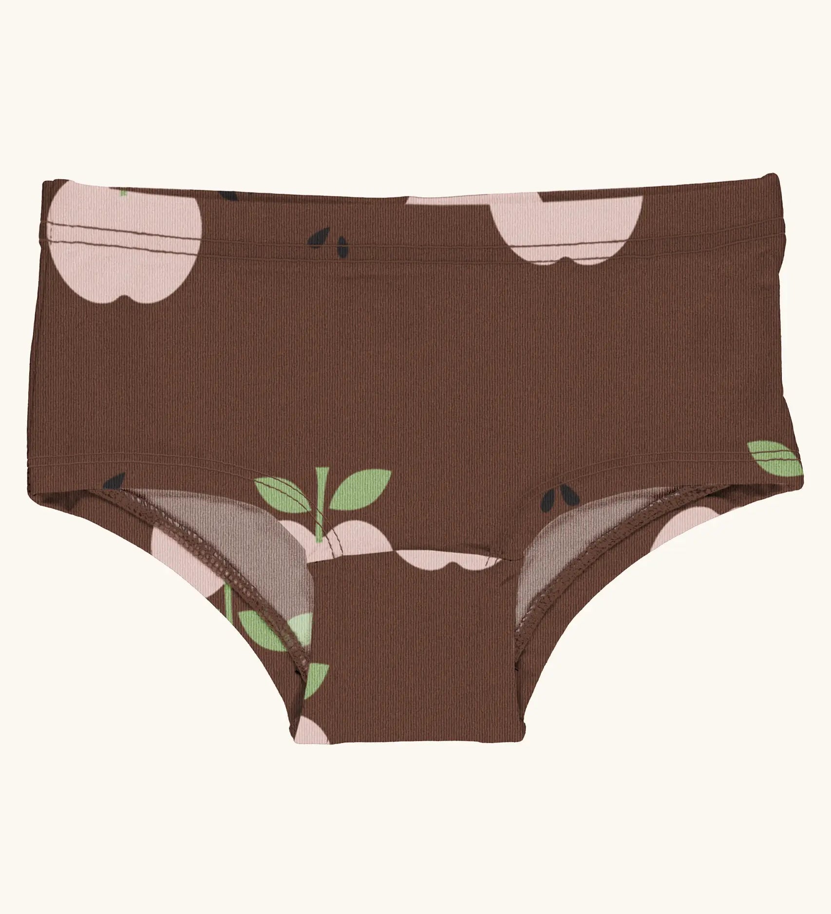 Maxomorra kids GOTS organic cotton brief hipster pants in brown with a repeating pink apple print. Features a elasticated waist band