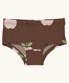 Maxomorra kids GOTS organic cotton brief hipster pants in brown with a repeating pink apple print. Features a elasticated waist band