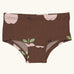 Maxomorra kids GOTS organic cotton brief hipster pants in brown with a repeating pink apple print. Features a elasticated waist band