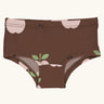 Maxomorra kids GOTS organic cotton brief hipster pants in brown with a repeating pink apple print. Features a elasticated waist band
