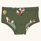 Maxomorra kids GOTS organic cotton brief hipster pants in green with a repeating cartoon style fox print. Features a elasticated waist band