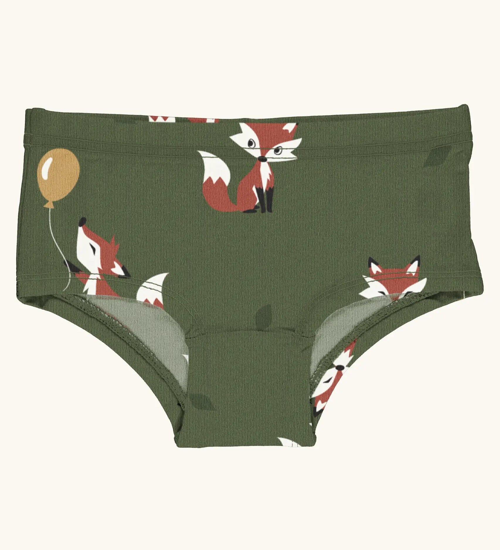 Maxomorra kids GOTS organic cotton brief hipster pants in green with a repeating cartoon style fox print. Features a elasticated waist band