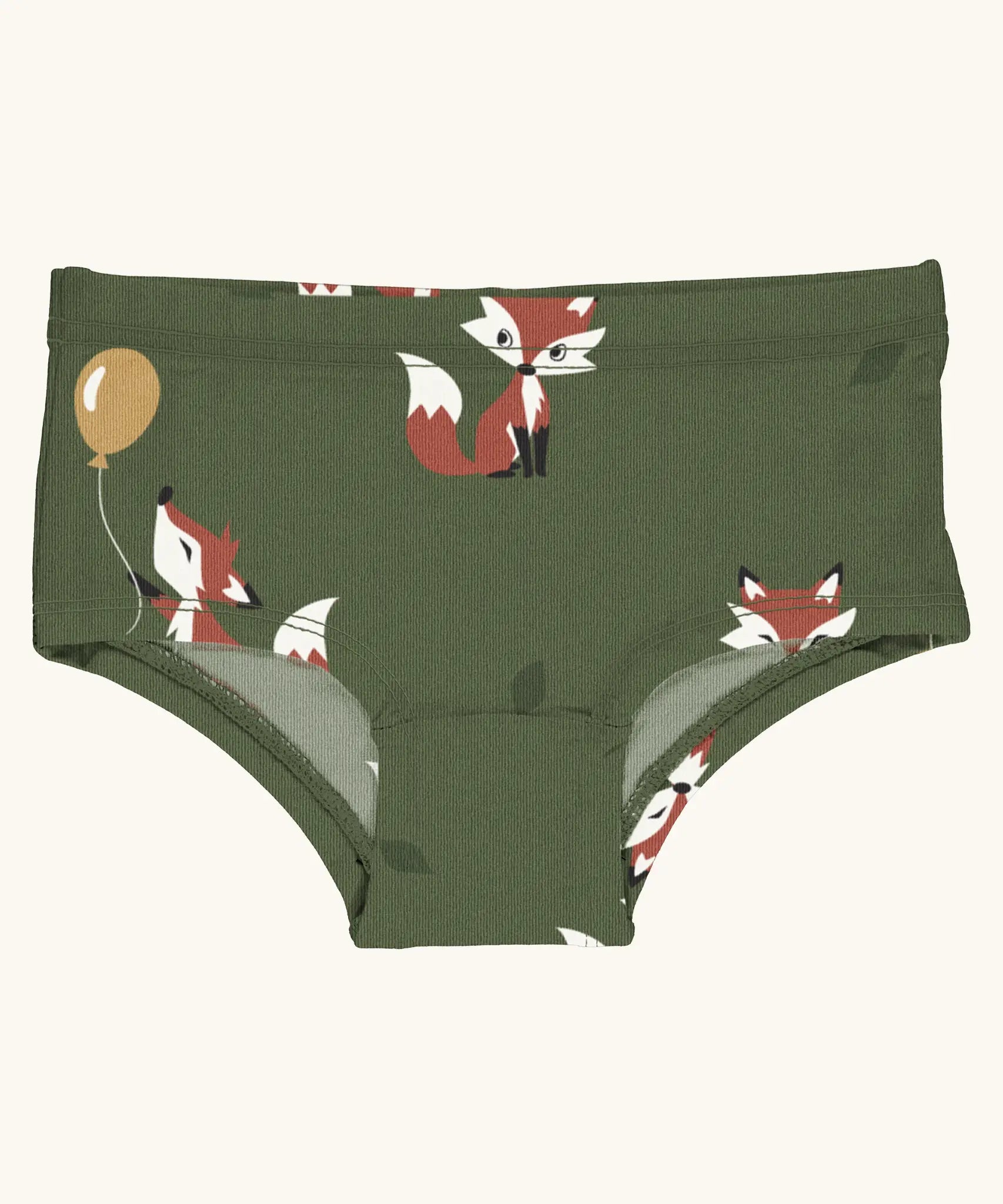 Maxomorra kids GOTS organic cotton brief hipster pants in green with a repeating cartoon style fox print. Features a elasticated waist band