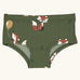 Maxomorra kids GOTS organic cotton brief hipster pants in green with a repeating cartoon style fox print. Features a elasticated waist band