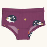 Maxomorra kids GOTS organic cotton brief hipster pants in purple with a repeating cartoon style hedgehog print. Features a elasticated waist band