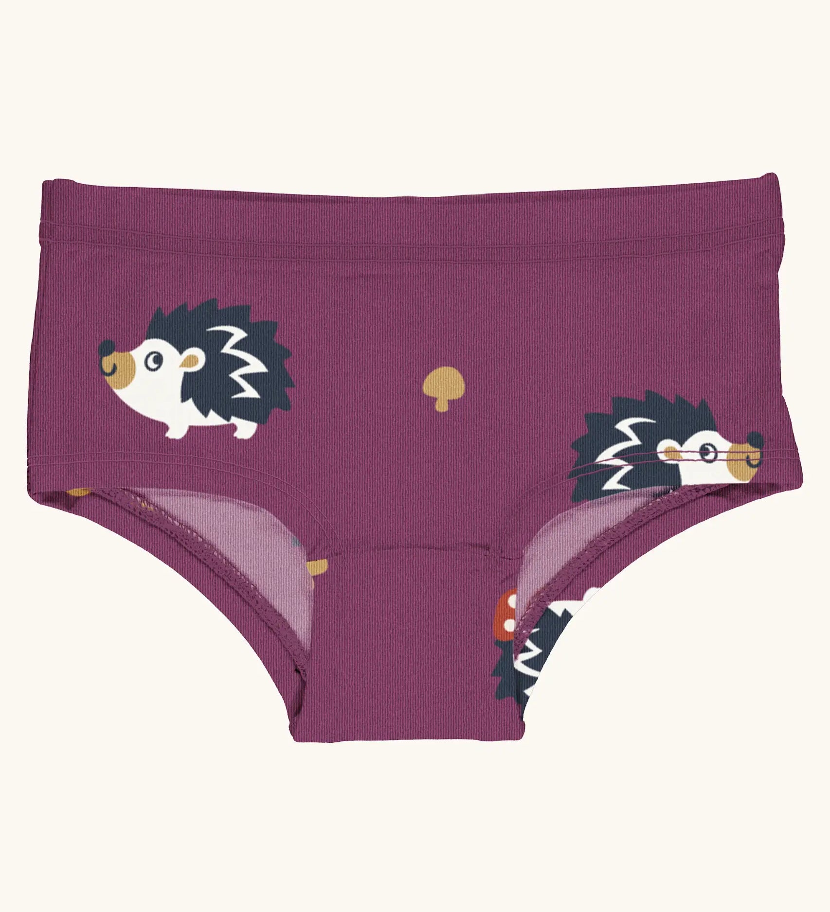 Maxomorra kids GOTS organic cotton brief hipster pants in purple with a repeating cartoon style hedgehog print. Features a elasticated waist band