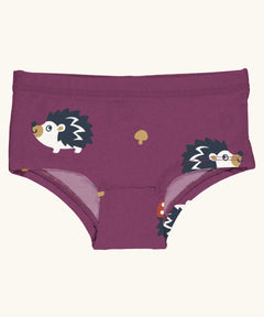 Maxomorra kids GOTS organic cotton brief hipster pants in purple with a repeating cartoon style hedgehog print. Features a elasticated waist band