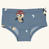 Maxomorra kids GOTS organic cotton brief hipster pants in blue with a repeating cartoon style owl print. Features a elasticated waist band