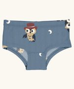 Maxomorra kids GOTS organic cotton brief hipster pants in blue with a repeating cartoon style owl print. Features a elasticated waist band