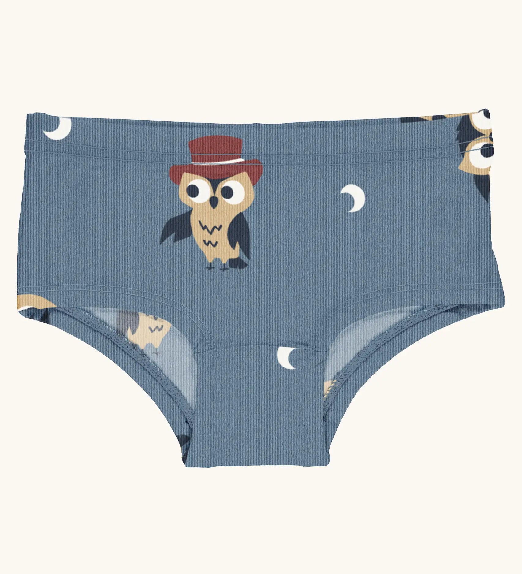 Maxomorra kids GOTS organic cotton brief hipster pants in blue with a repeating cartoon style owl print. Features a elasticated waist band