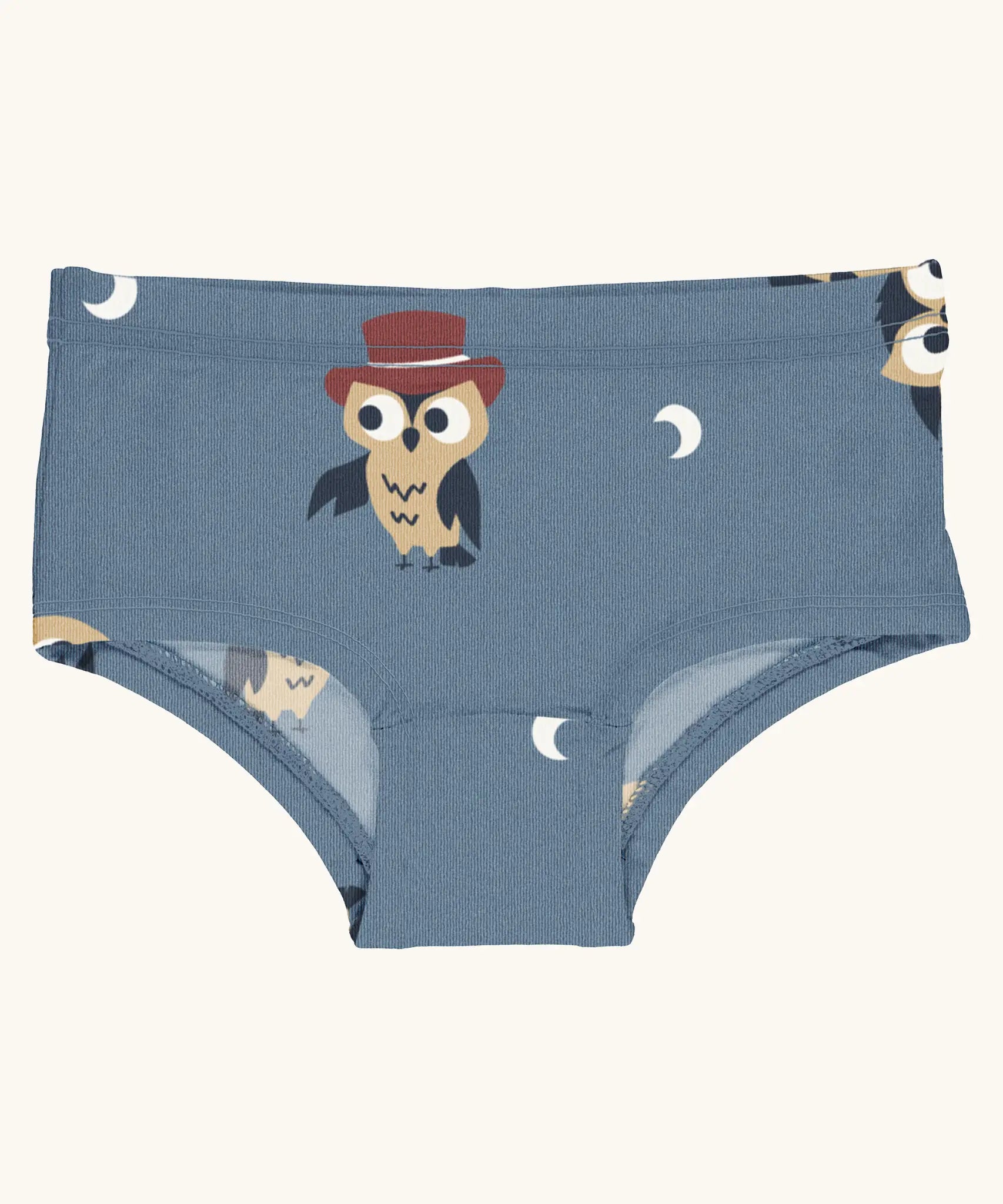 Maxomorra kids GOTS organic cotton brief hipster pants in blue with a repeating cartoon style owl print. Features a elasticated waist band