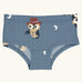 Maxomorra kids GOTS organic cotton brief hipster pants in blue with a repeating cartoon style owl print. Features a elasticated waist band