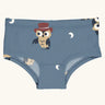 Maxomorra kids GOTS organic cotton brief hipster pants in blue with a repeating cartoon style owl print. Features a elasticated waist band