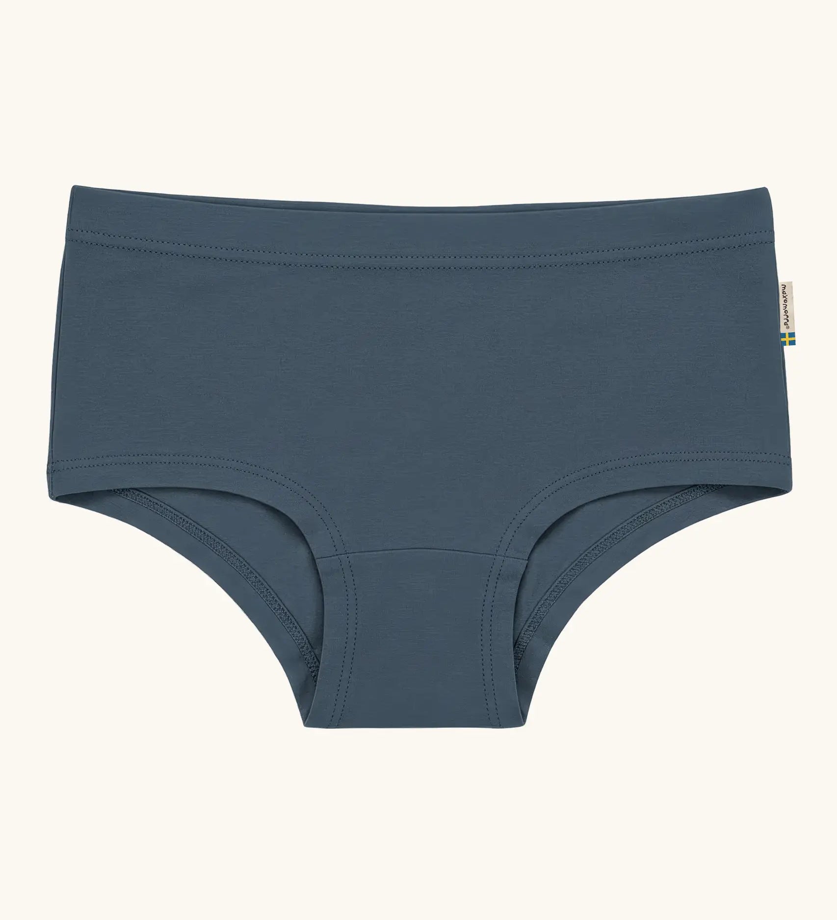 Maxomorra kids GOTS organic cotton brief hipster pants in navy. Features an elasticated waist band