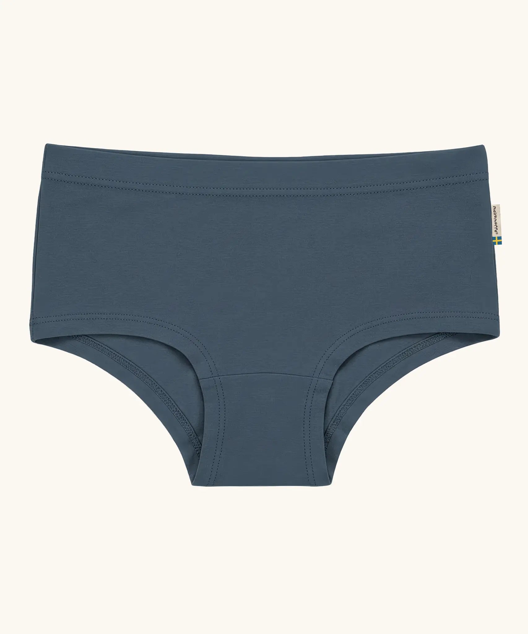 Maxomorra kids GOTS organic cotton brief hipster pants in navy. Features an elasticated waist band