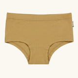 Maxomorra kids GOTS organic cotton brief hipster pants in mustard yellow. Features an elasticated waist band
