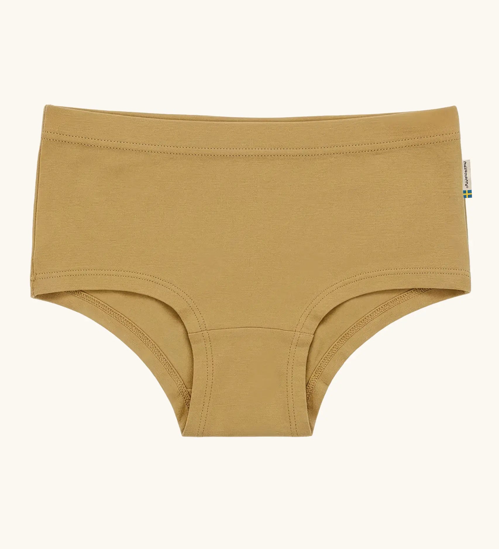 Maxomorra kids GOTS organic cotton brief hipster pants in mustard yellow. Features an elasticated waist band